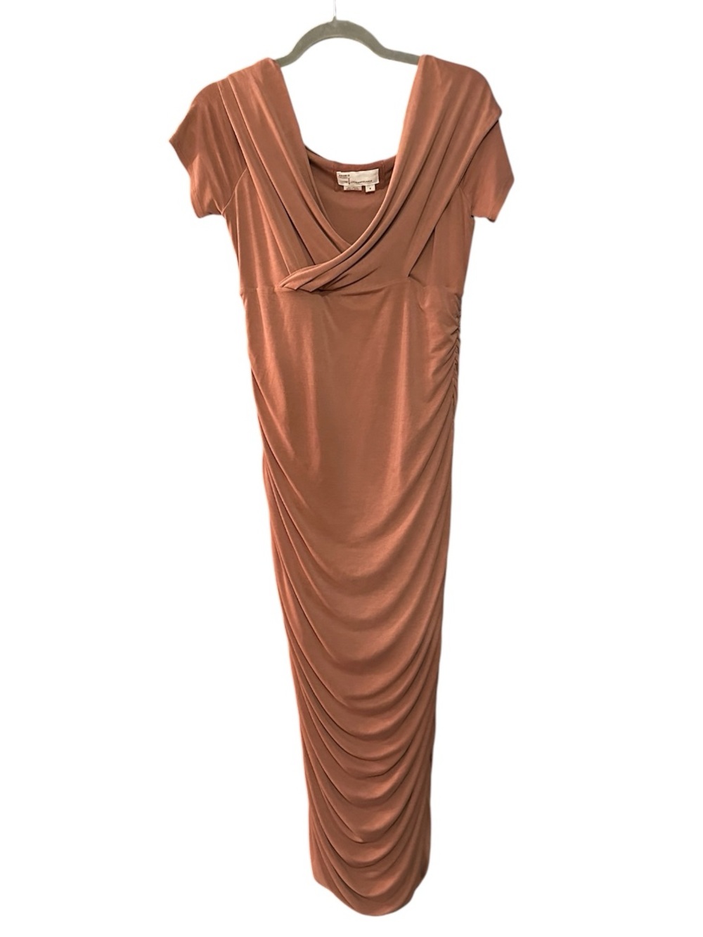 By Anthropologie Off-The-Shoulder Ruched Slim Midi Dress Copper RRP £148 Sz M